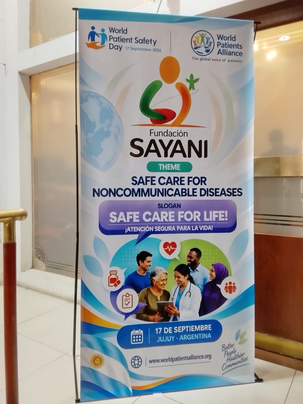 Banner de Fundación Sayani por el Día Mundial de la Seguridad del Paciente junto a World Patients Alliance